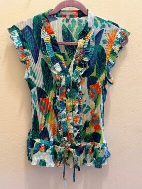 NY Collection Tropical Ruffled Button-Front Blouse in Teal & Orange
